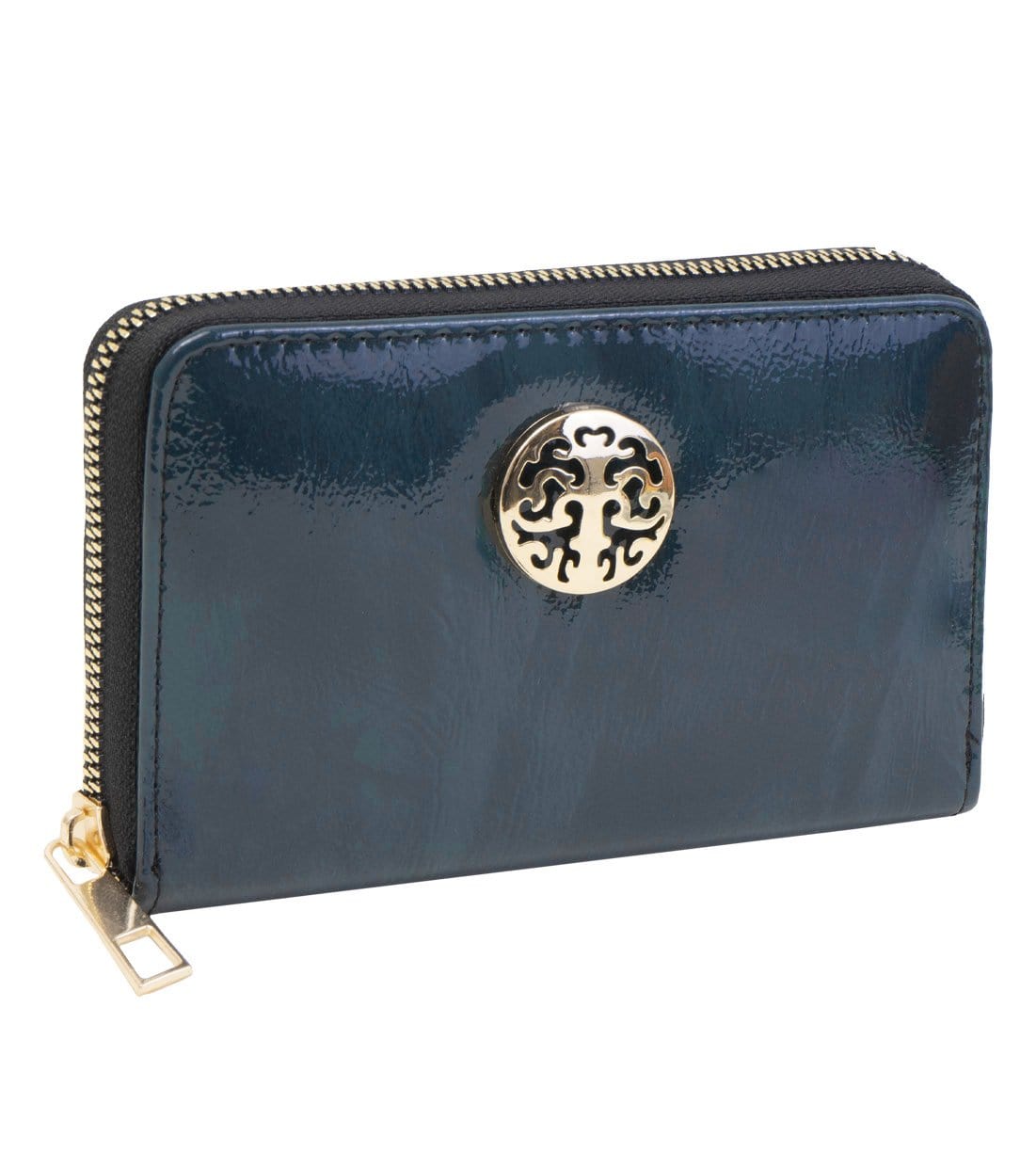 Rebecca & Rifka Vegan Patent Ombre Leather Medallion Zip Around Compact Indexer Wristlet Wallet