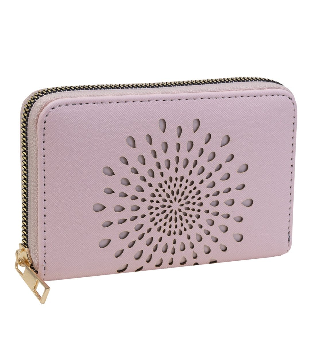 Rebecca & Rifka Vegan Saffiano Leather Rose Perforated Zip Around Compact Indexer Wristlet Wallet